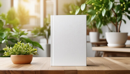 Mock-up of blank white book with hard cover on wooden table. Empty template. Close up