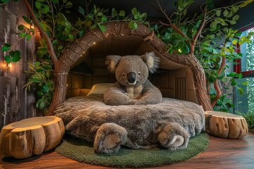 A cuddly koala-shaped bed in a nature-inspired room, with eucalyptus branches adorning the walls and plush tree stump stools.