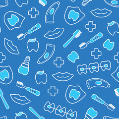 Dental health or dentist and orthodontics seamless pattern on dark blue background