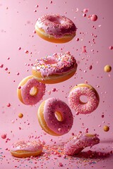 Tasty colorful donuts and sweet cookies blowing in the air on pink background.