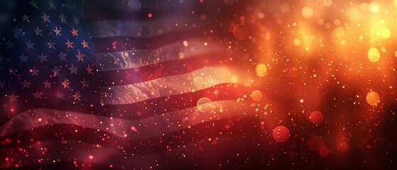 Obraz premium Abstract artistic representation of the American flag with bokeh lights effect, blending patriotic colors in a dreamy, festive background.