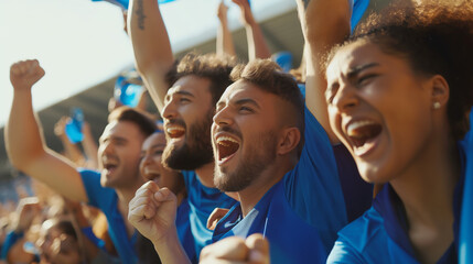 Excited fans in blue attire raise their fists in unison, showing team support at a sports match