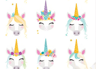 set of cute unicorn for birthday party on white background