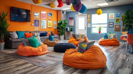 Start-up environment featuring a playful office layout with bean bags, vibrant colors, and motivational posters