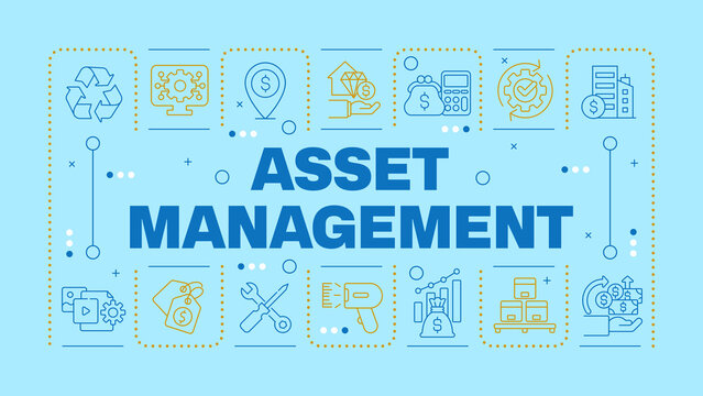 Asset management blue word concept. Financial planning. Business investment. Real estate. Horizontal vector image. Headline text surrounded by editable outline icons. Hubot Sans font used