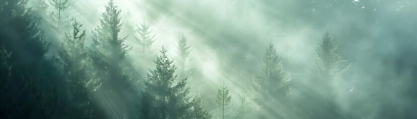 Obraz premium Misty Forest Sunbeams Create Whimsical Serene Landscape Scene