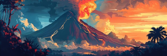 landscape illustration volcano in eruption