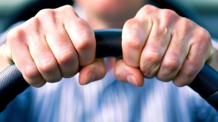 Close-up of a person gripping a steering wheel in a classic car.