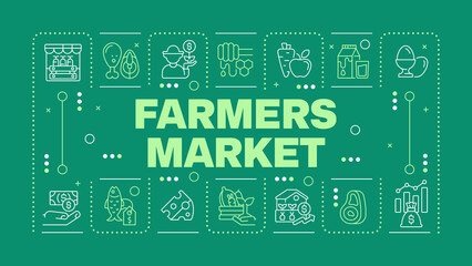 Farmers market dark green word concept. Fresh produce. Local food. Farm to table products. Horizontal vector image. Headline text surrounded by editable outline icons. Hubot Sans font used