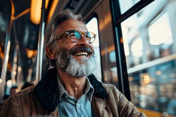 man happy while in public transportation