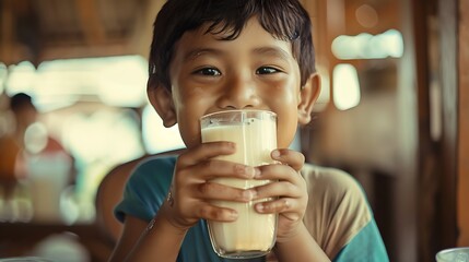 Capture heartwarming moments of children from various cultural backgrounds drinking milk at home, school, and during meals, highlighting the importance of milk in growing up healthy and strong World