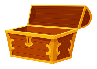 Chest. Game wooden antique box. Empty old wooden chest for gold treasure. Cartoon ancient container for pirates isolated vector icon on white
