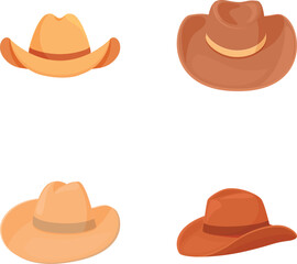 Collection of four different cartoonstyle cowboy hats, isolated on white background