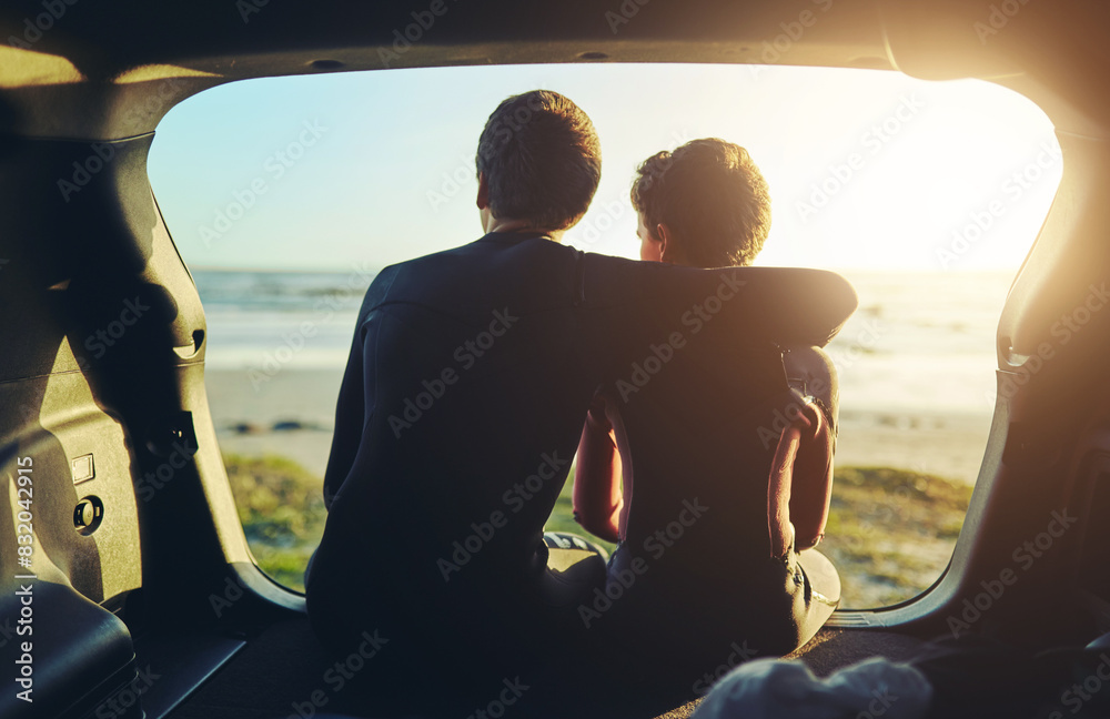 Wall mural boys, sunset and relax in car at beach with hug, bonding and love in summer for travel road trip wit - Wall murals