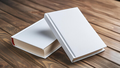 Fototapeta premium Mock-up of two blank white books with hard cover on wooden table. Empty template. Close up