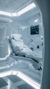 A futuristic medical bay with a single reclining chair and advanced monitors in a high-tech, sterile environment