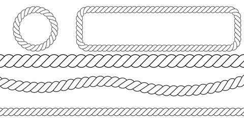 Vector rope isolated on a white background. Rope vector illustration. Straight and wavy rope vector. Swaying black nautical rope border vector For round text frames.