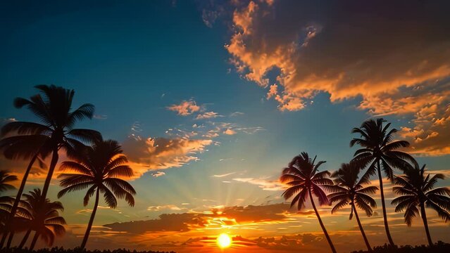 Video animation of tropical sunset with silhouettes of palm trees against a vibrant sky. The warm colors transition from yellow near the sun to orange and then to darker shades of blue at the edges.