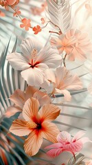Exotic tropical plants and flowers in soft pastel shades for serene and peaceful background