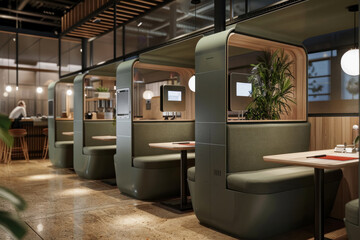 Modern co-working space with stylish individual cubicles, built-in computer screens