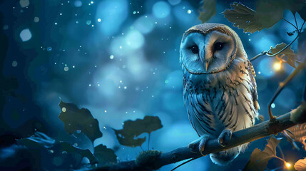 A small owl is perched on a branch in a forest. The owl is looking at the camera, and the scene is set in the evening - Powered by Adobe