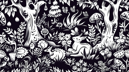 Seamless doodle art in black and white, featuring enchanted forests and magical creatures for a whimsical effect,