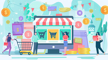 People shopping online using devices and carts illustration generated with AI