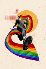 Vertical photo collage of blonde girl faceless run rainbow spread propaganda lgbt symbol...