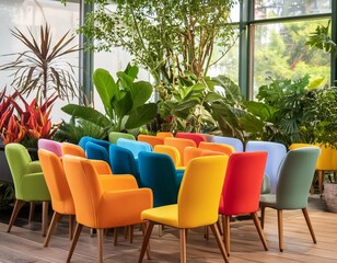 A Vibrant Array of Colorful Chairs Creating a Lively Seating Arrangement