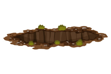 Hole ground. Works digging of sand coal waste rock or gravel. Brown, dry mine element of landscape. Cartoon illustration