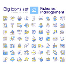 Fisheries management RGB color icons set. Fishery policy, fish harvesting. Aquatic ecosystem, ecology. Isolated vector illustrations. Simple filled line drawings collection. Editable stroke