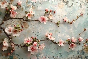 Delicate Pastel Blossoms Cascading Across a Textured Canvas in a Whimsical Botanical Display