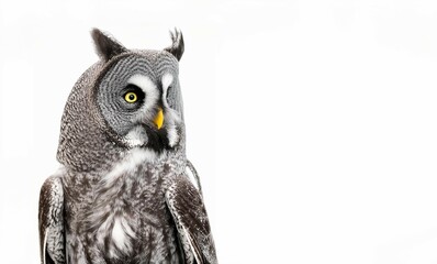 great grey owl, perfectly isolated on a white background.