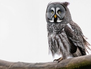 great grey owl, perfectly isolated on a white background.