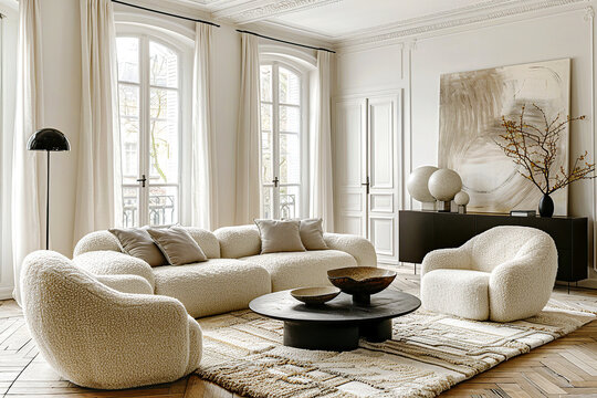 Boucle lounge chairs and sofa in classic room. Minimalist interior design of modern living room.