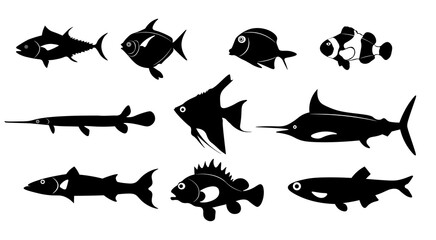 10 fish icons set on the white background