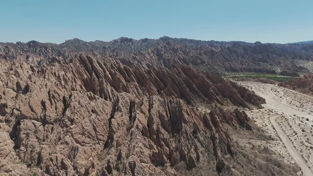 Bird's eye view of the Quebrada de las Flechas with its rock formations resembling arrowheads. In Argentina.