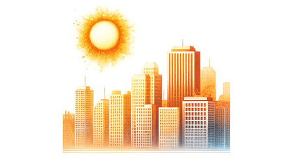 Fototapeta premium Vibrant illustration of a sun-drenched urban skyline, symbolizing city summer heatwaves and the concept of urbanization, ideal for environmental and seasonal themes