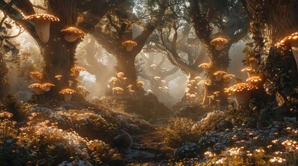 a fantasy forest where 2D creatures interact with 3D elements, magical and immersive