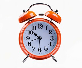 Title: Vibrant red alarm clock against on white background

