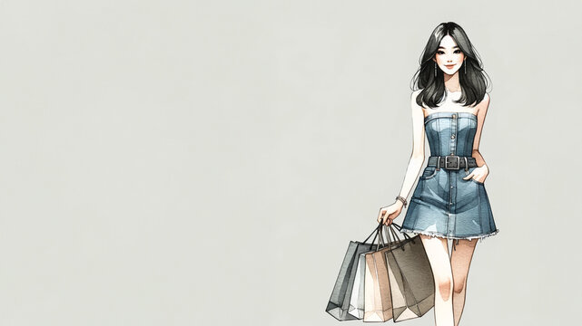 Fashionable young Asian woman in a denim sundress enjoying summer shopping spree, ideal for retail therapy and seasonal sales promotions - Powered by Adobe