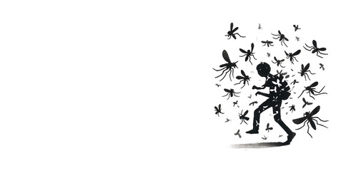 Silhouetted individual swarmed by mosquitoes, depicting common summer pest problems, ideal for health and outdoor activity concepts