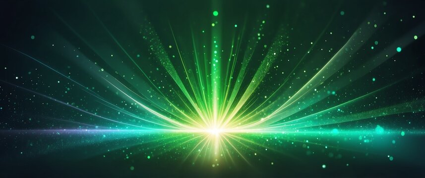 abstract bright glitter bokeh green rays of light beams spectrum banner illustration