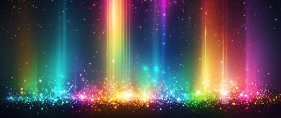 abstract bright glitter bokeh rainbow rays of light beams spectrum banner illustration