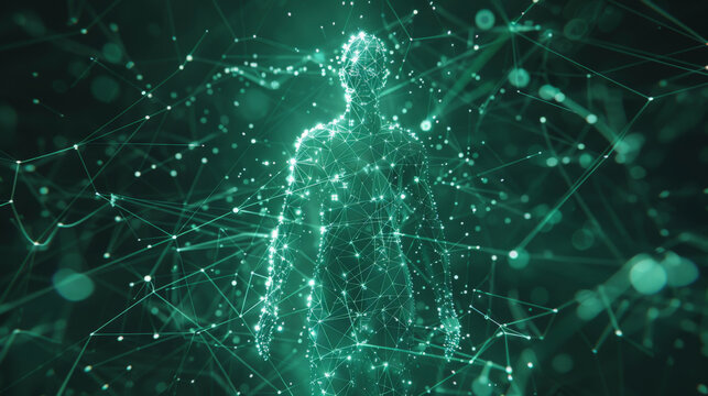 A digital human figure composed of glowing interconnected nodes and lines, set against a dark background with various abstract geometric shapes. - Powered by Adobe