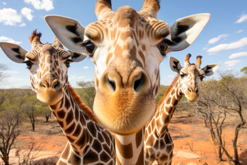 Naklejka premium Curious Giraffes in the Savanna Posing at Camera. A group of curious giraffes with close-up focus on their faces, exploring the savanna under a clear blue sky.
