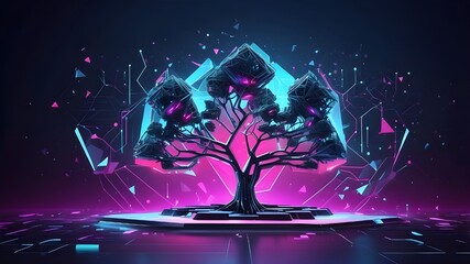 Modern illustration of a digital environment in futuristic polygonal style. Glowing neon tree against circuit board background. Modern illustration of future technology growth.
