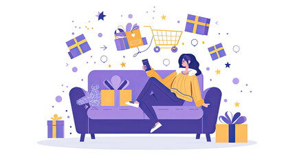 Online shopping illustration woman couch presents cartoon generated with AI
