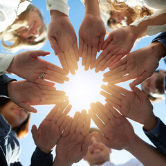 Hands, circle and teamwork for business people, low angle and corporate for solidarity in...