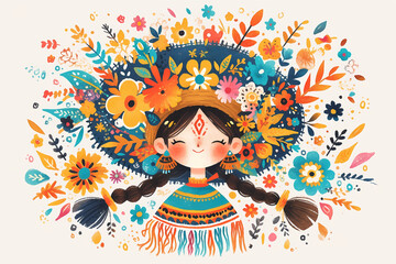 Illustration of Festa Junina celebration with a girl in a straw hat surrounded by colorful flowers. Festive and cultural theme. Design for print, poster, and greeting card.